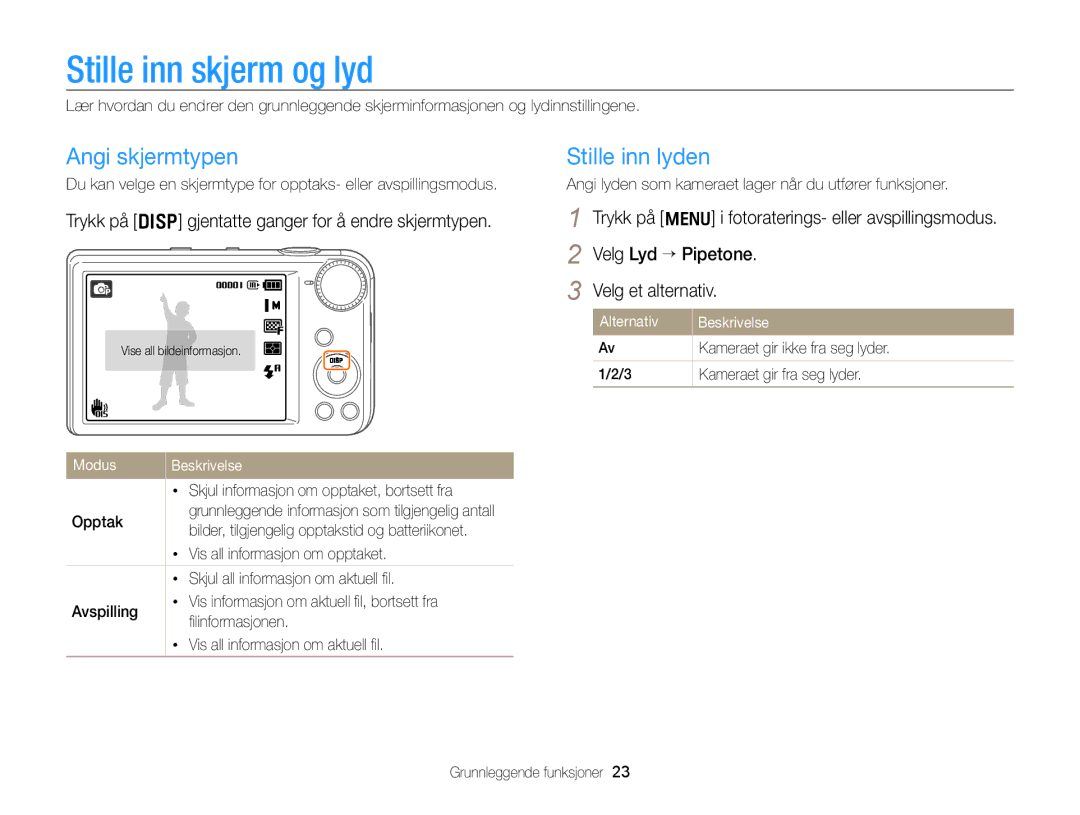 Samsung EC-PL170ZBPSE2, EC-PL170ZBPBE2, EC-PL170ZFPLE2 manual Stille inn skjerm og lyd, Angi skjermtypen, Stille inn lyden 