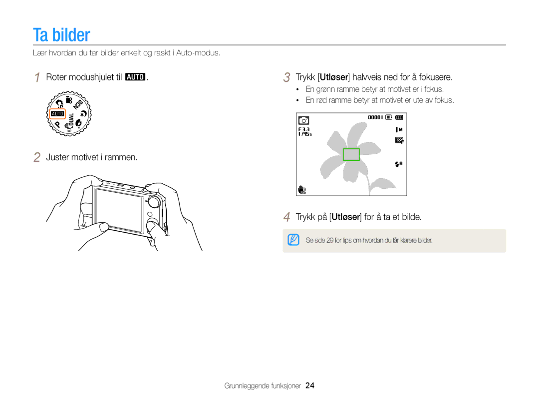 Samsung EC-PL170ZBPBE2, EC-PL170ZFPLE2, EC-PL170ZFPSE2, EC-PL170ZFPBE2 manual Ta bilder, Trykk på Utløser for å ta et bilde 