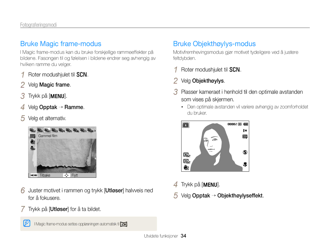 Samsung EC-PL170ZBPBE2 Bruke Magic frame-modus, Bruke Objekthøylys-modus, Trykk på m Velg Opptak “ Objekthøylyseffekt 