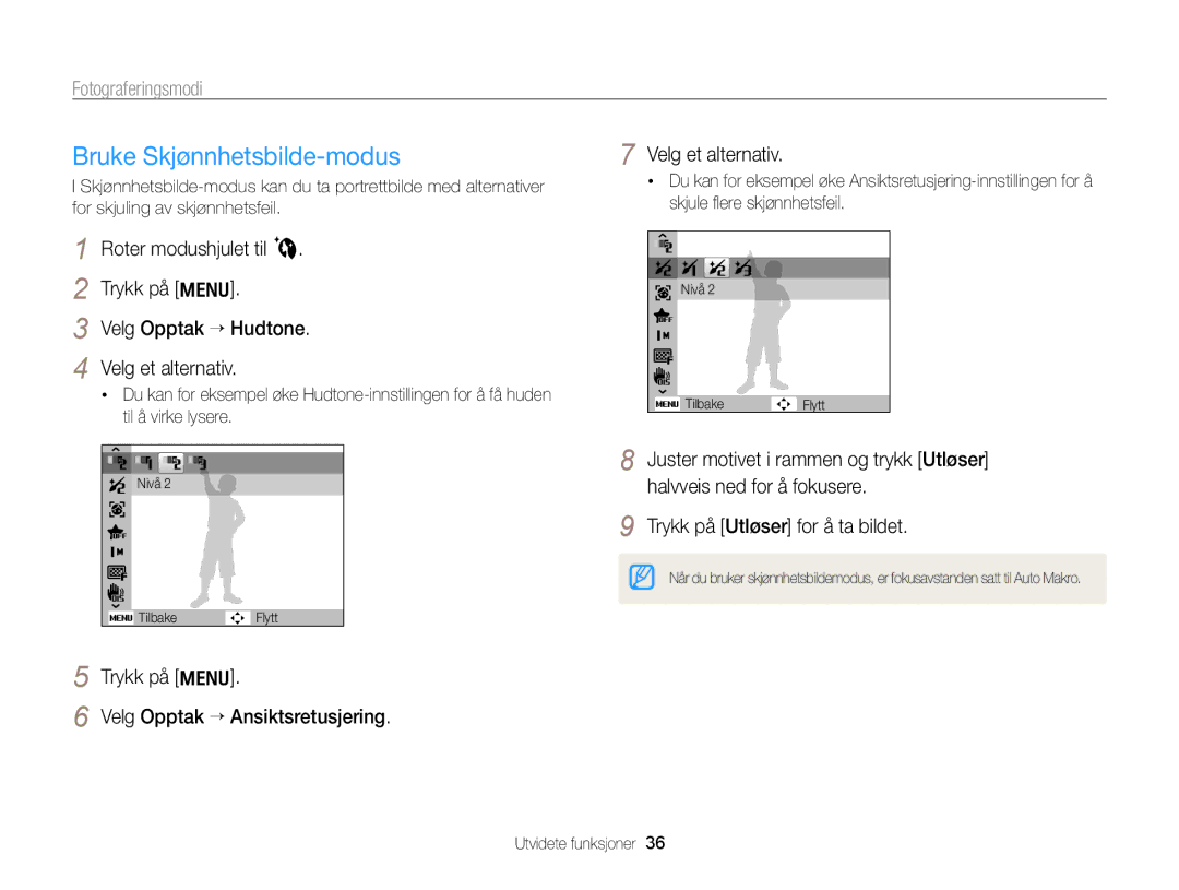 Samsung EC-PL170ZFPSE2, EC-PL170ZBPBE2, EC-PL170ZFPLE2 manual Bruke Skjønnhetsbilde-modus, Velg Opptak “ Ansiktsretusjering 