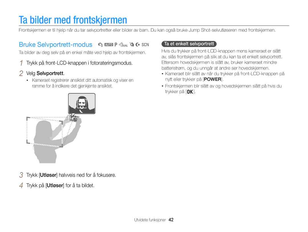 Samsung EC-PL170ZFPBE2 Ta bilder med frontskjermen, Bruke Selvportrett-modus S a p d b N s, Ta et enkelt selvportrett 