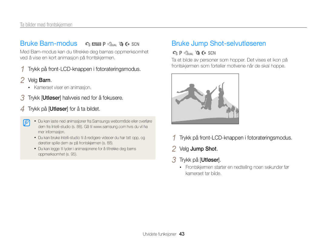 Samsung EC-PL170ZBPSE2 manual Bruke Barn-modus S a p d b N s, Bruke Jump Shot-selvutløseren, Ta bilder med frontskjermen 