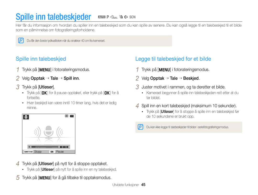 Samsung EC-PL170ZFPLE2, EC-PL170ZBPBE2, EC-PL170ZFPSE2 manual Spille inn talebeskjed, Legge til talebeskjed for et bilde 