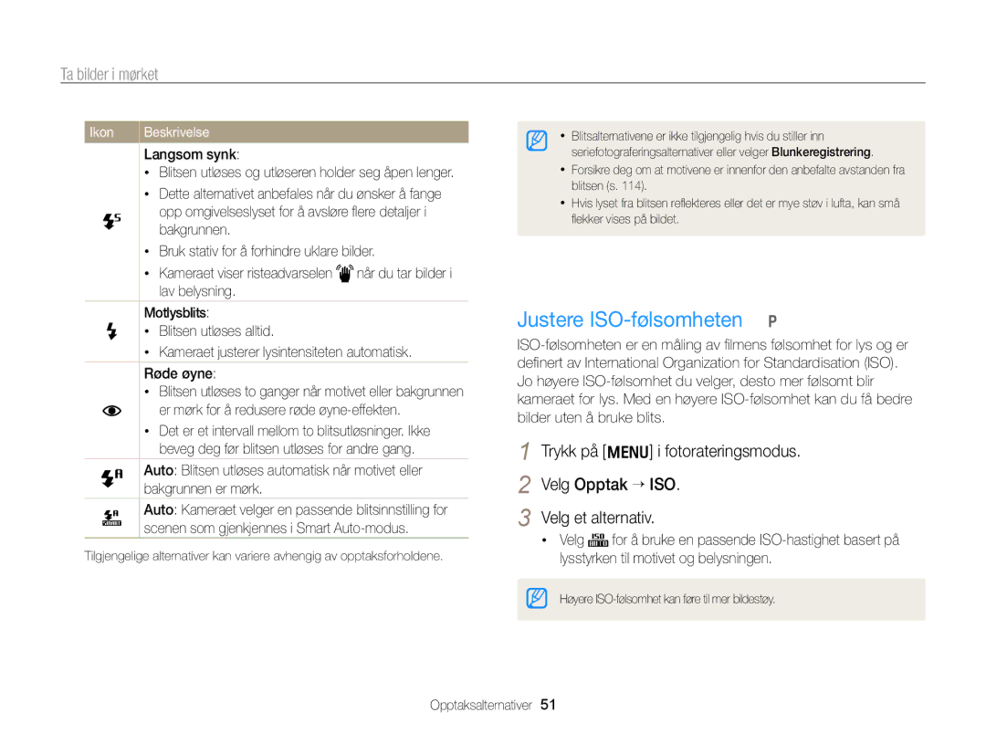 Samsung EC-PL170ZFPSE2 manual Justere ISO-følsomheten p, Ta bilder i mørket, Er mørk for å redusere røde øyne-effekten 