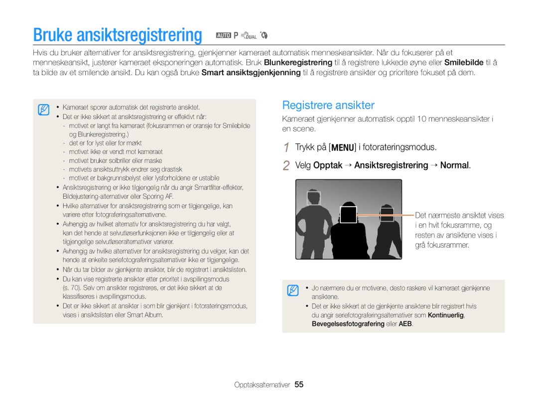 Samsung EC-PL170ZFPLE2, EC-PL170ZBPBE2, EC-PL170ZFPSE2 manual Bruke ansiktsregistrering a p d b, Registrere ansikter 