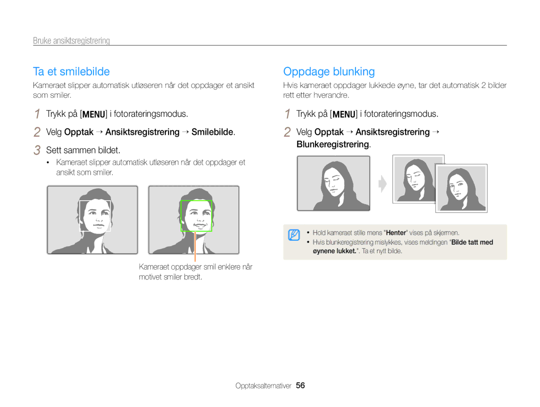 Samsung EC-PL170ZFPSE2, EC-PL170ZBPBE2, EC-PL170ZFPLE2 manual Ta et smilebilde, Oppdage blunking, Bruke ansiktsregistrering 