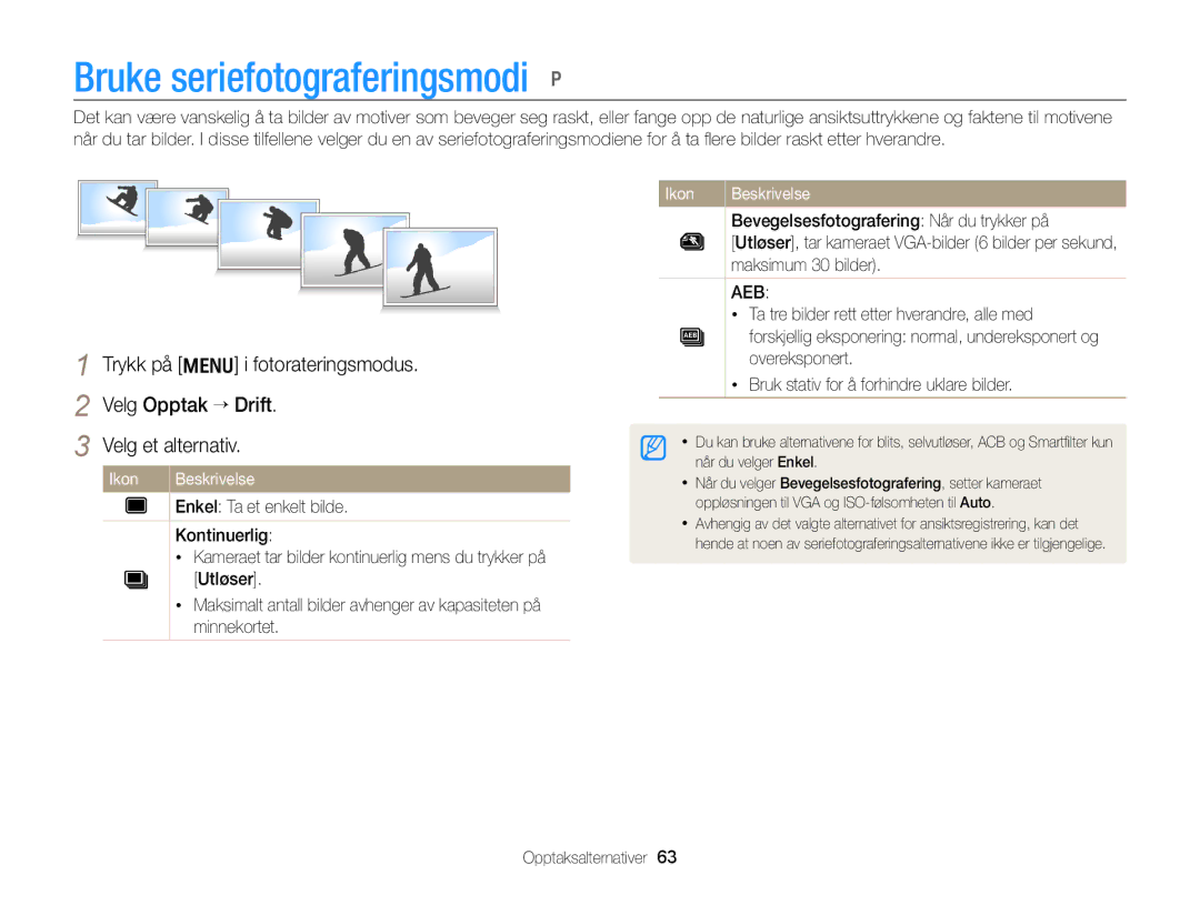 Samsung EC-PL170ZBPSE2 Bruke seriefotograferingsmodi p, Bevegelsesfotografering Når du trykker på, Maksimum 30 bilder 