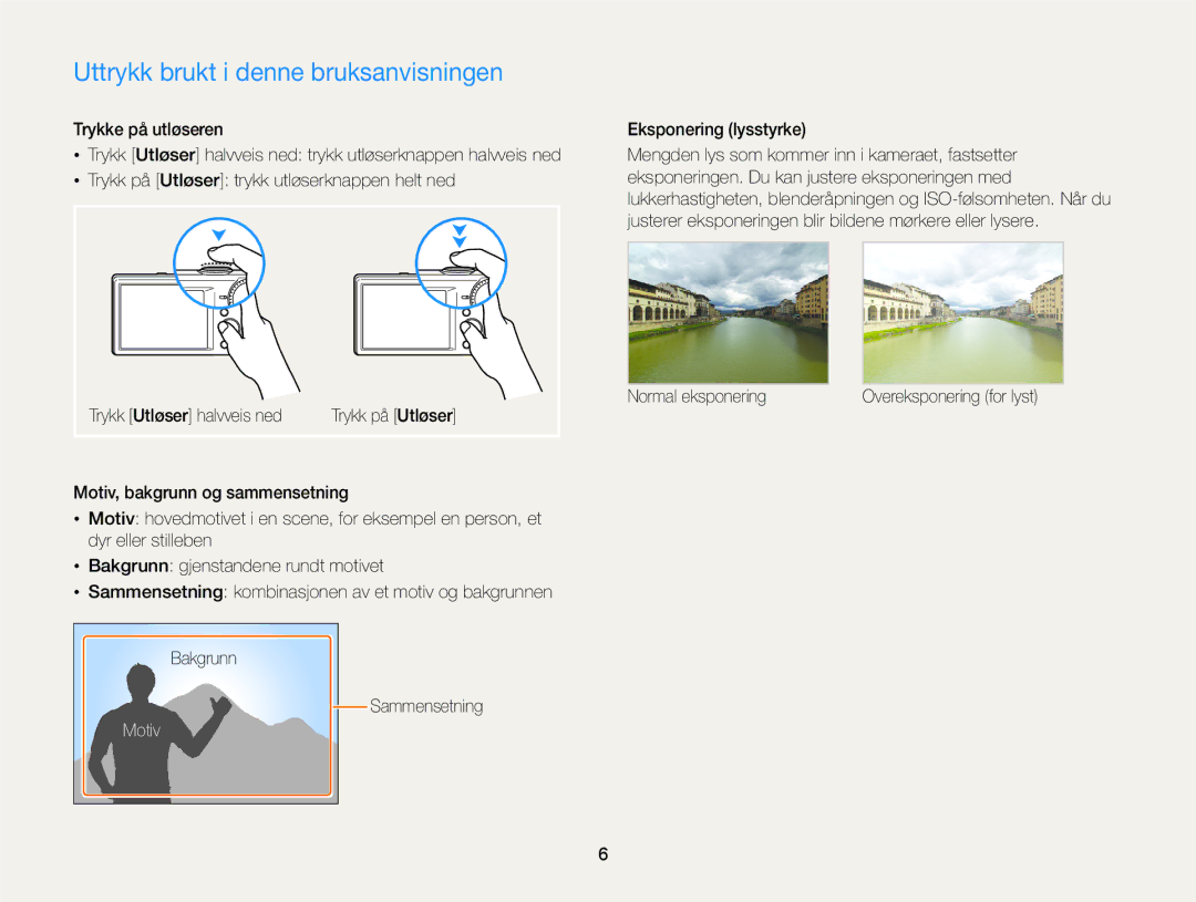 Samsung EC-PL170ZFPSE2 manual Uttrykk brukt i denne bruksanvisningen, Motiv, Eksponering lysstyrke, Normal eksponering 