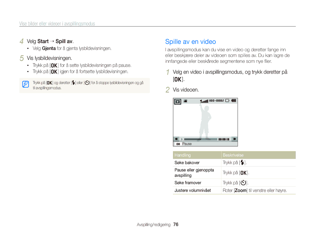 Samsung EC-PL170ZFPSE2, EC-PL170ZBPBE2 manual Spille av en video, Velg Start “ Spill av, Vis lysbildevisningen, Vis videoen 