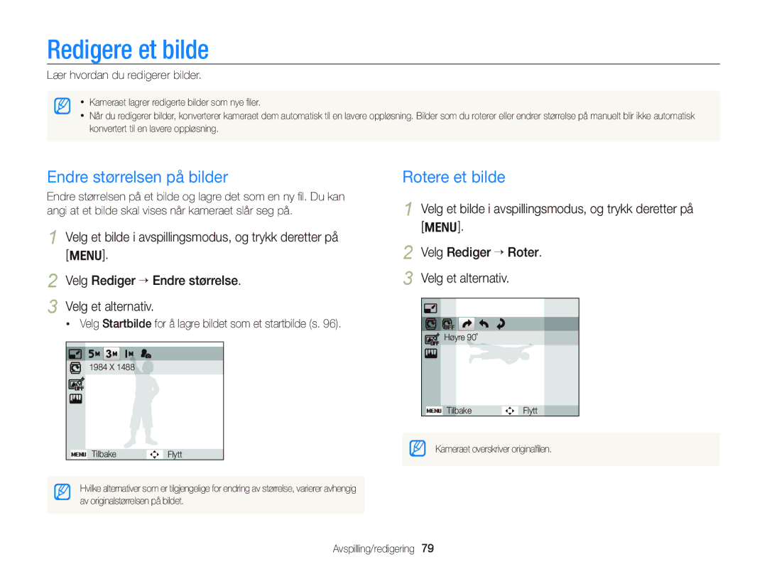 Samsung EC-PL170ZBPBE2 Redigere et bilde, Endre størrelsen på bilder, Rotere et bilde, Lær hvordan du redigerer bilder 