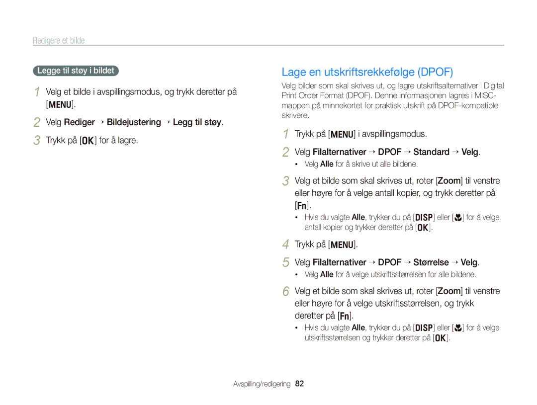 Samsung EC-PL170ZFPBE2 manual Lage en utskriftsrekkefølge Dpof, Trykk på m Velg Filalternativer “ Dpof “ Størrelse “ Velg 