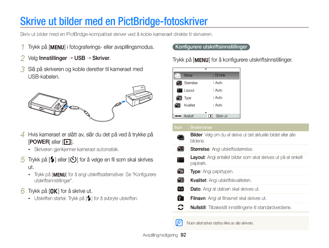 Samsung EC-PL170ZFPBE2, EC-PL170ZBPBE2 manual Skrive ut bilder med en PictBridge-fotoskriver, Trykk på o for å skrive ut 