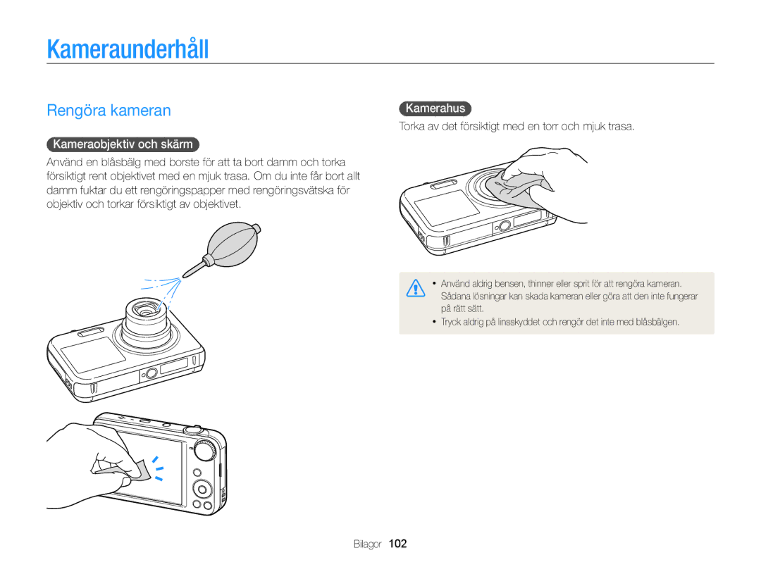 Samsung EC-PL170ZFPBE2, EC-PL170ZBPBE2 manual Kameraunderhåll, Rengöra kameran, Kameraobjektiv och skärm, Kamerahus 