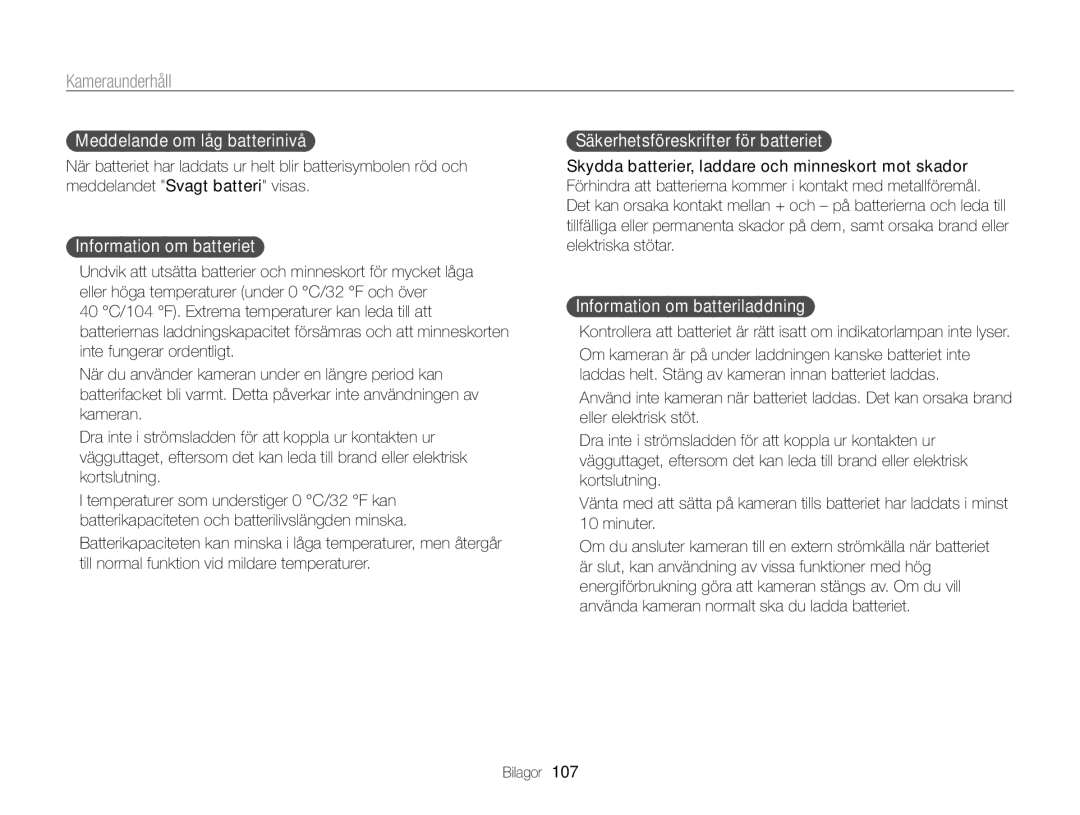 Samsung EC-PL170ZFPBE2 manual Meddelande om låg batterinivå, Information om batteriet, Säkerhetsföreskrifter för batteriet 