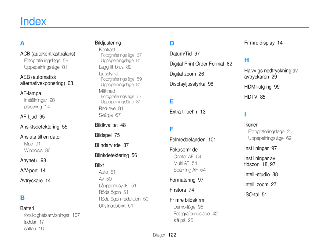 Samsung EC-PL170ZFPBE2, EC-PL170ZBPBE2, EC-PL170ZFPLE2, EC-PL170ZFPSE2, EC-PL170ZBPSE2 manual Index 