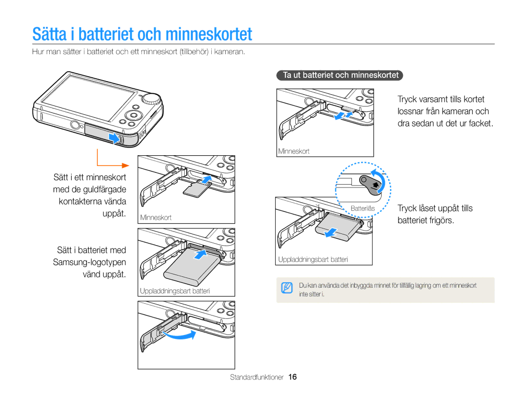 Samsung EC-PL170ZFPSE2 manual Sätta i batteriet och minneskortet, Batterilås Tryck låset uppåt tills batteriet frigörs 