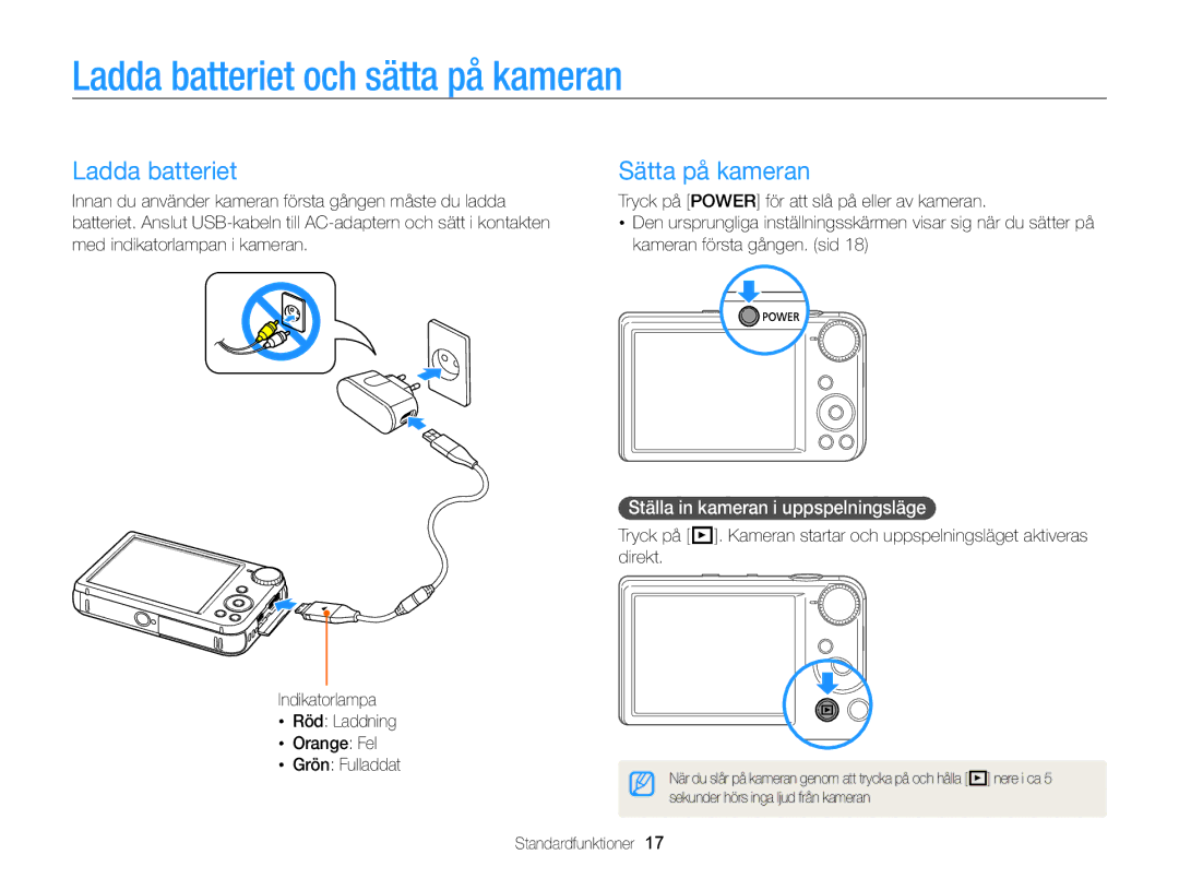 Samsung EC-PL170ZFPBE2 manual Ladda batteriet och sätta på kameran, Sätta på kameran, Ställa in kameran i uppspelningsläge 