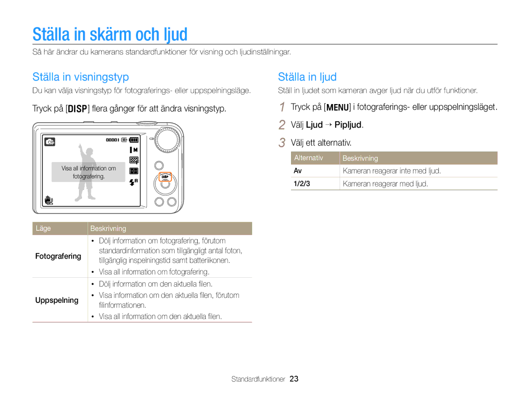 Samsung EC-PL170ZBPSE2, EC-PL170ZBPBE2, EC-PL170ZFPLE2 manual Ställa in skärm och ljud, Ställa in visningstyp, Ställa in ljud 