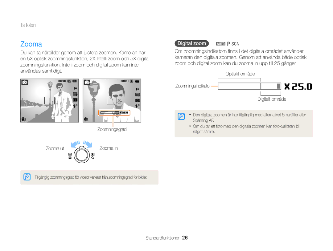 Samsung EC-PL170ZFPSE2, EC-PL170ZBPBE2 manual Zooma, Digital zoom a p s, Optiskt område Zoomningsindikator Digitalt område 