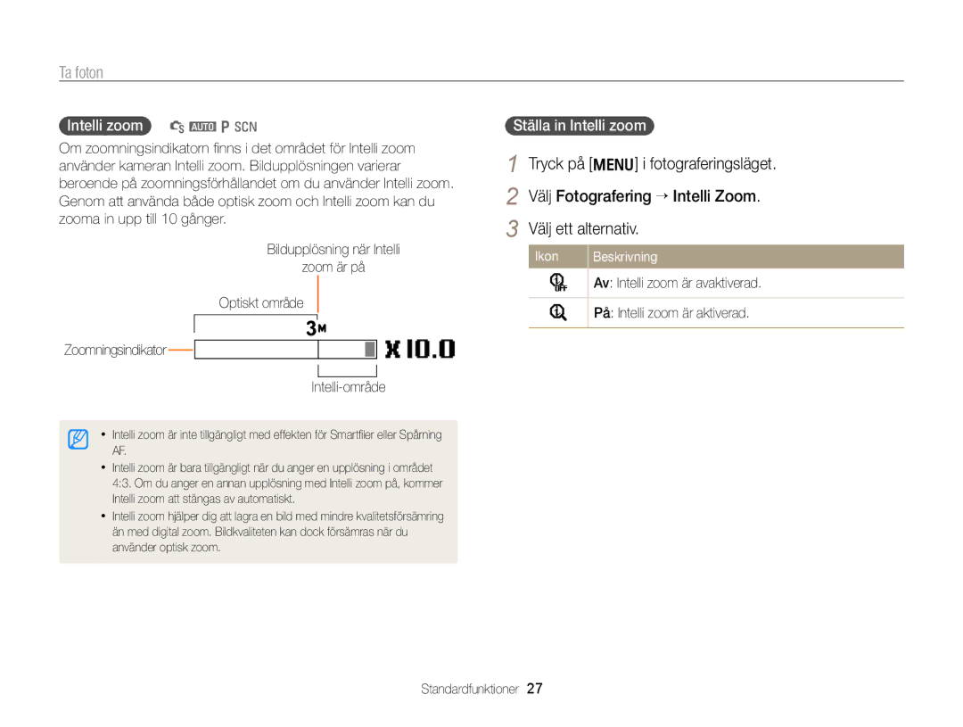 Samsung EC-PL170ZFPBE2, EC-PL170ZBPBE2 manual Intelli zoom S a p s, Ställa in Intelli zoom, Bildupplösning när Intelli Ikon 
