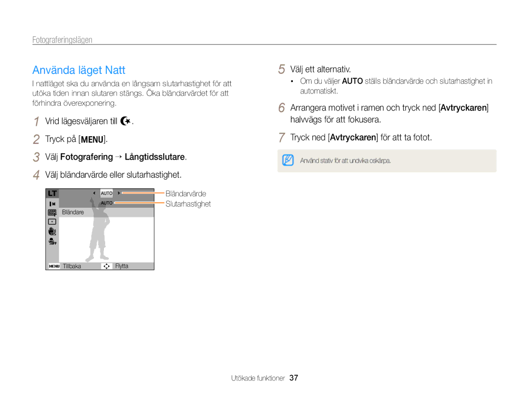 Samsung EC-PL170ZFPBE2, EC-PL170ZBPBE2, EC-PL170ZFPLE2, EC-PL170ZFPSE2 manual Använda läget Natt, Bländarvärde Slutarhastighet 