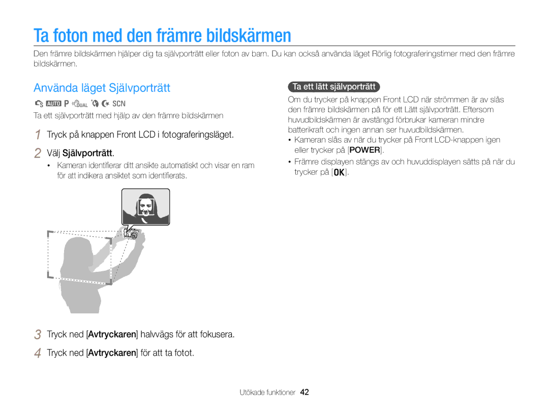 Samsung EC-PL170ZFPBE2 manual Ta foton med den främre bildskärmen, Använda läget Självporträtt, Ta ett lätt självporträtt 