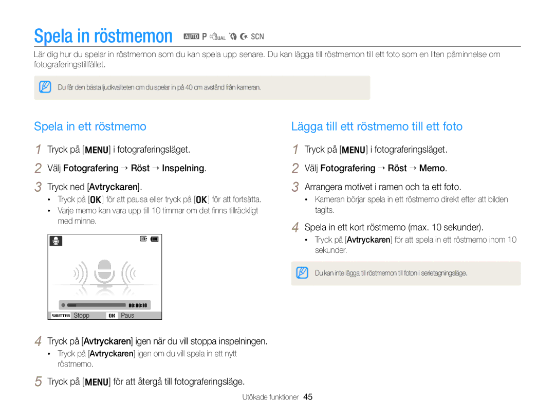 Samsung EC-PL170ZFPLE2 manual Spela in röstmemon a p d b N s, Spela in ett röstmemo, Lägga till ett röstmemo till ett foto 