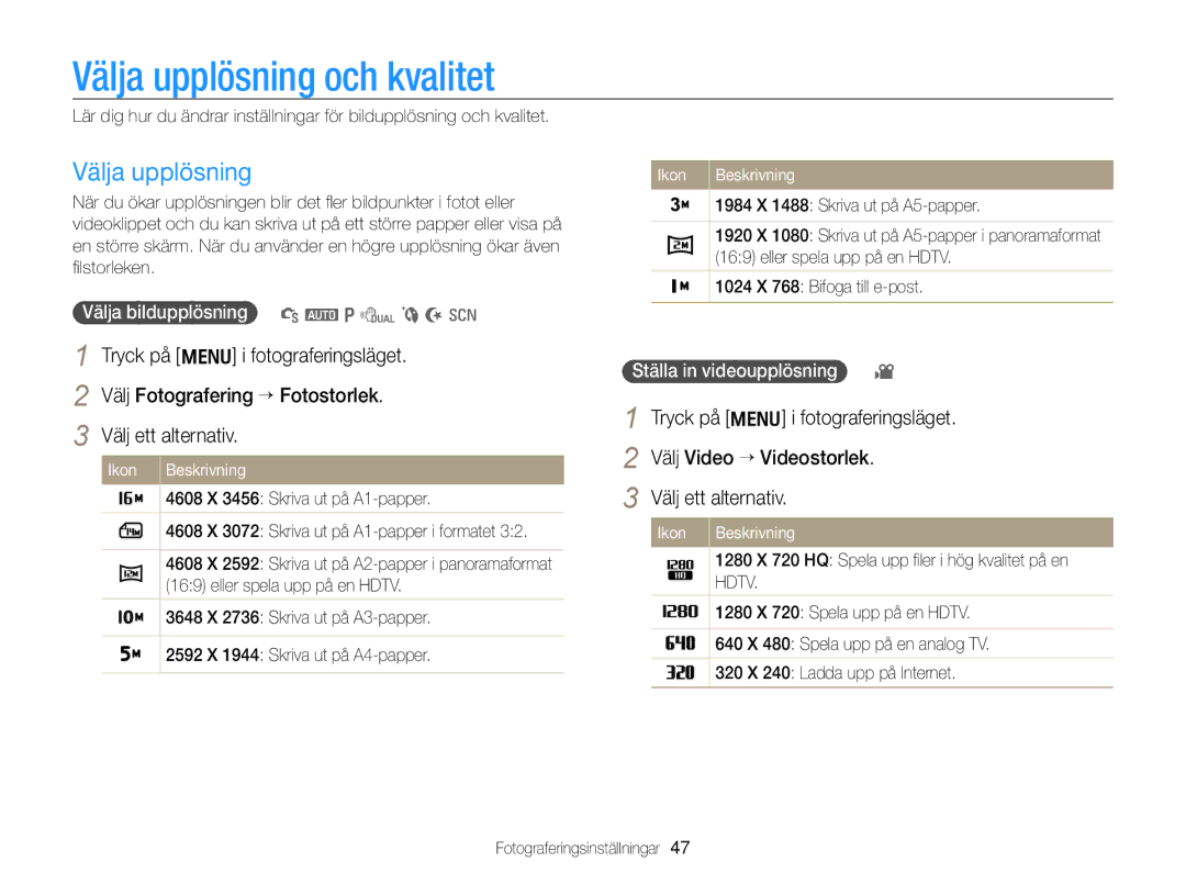 Samsung EC-PL170ZFPBE2 manual Välja upplösning och kvalitet, Tryck på m i fotograferingsläget Välj Video “ Videostorlek 