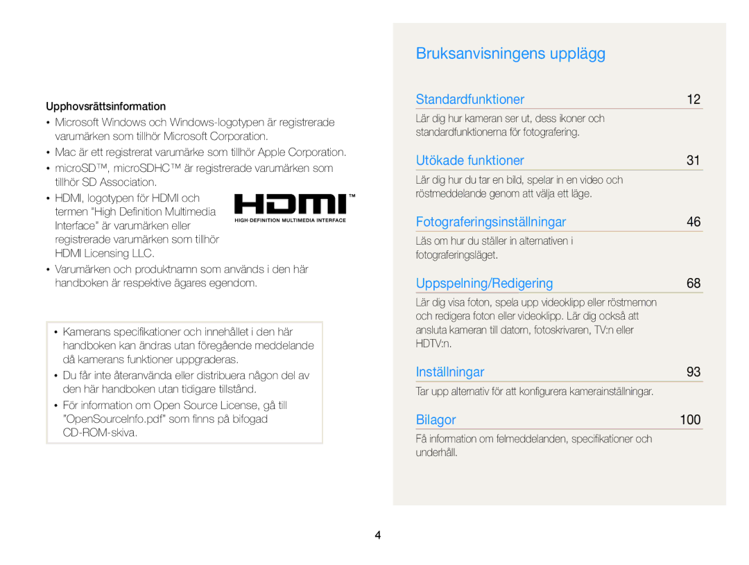 Samsung EC-PL170ZBPBE2, EC-PL170ZFPLE2, EC-PL170ZFPSE2, EC-PL170ZFPBE2, EC-PL170ZBPSE2 manual Bruksanvisningens upplägg, 100 