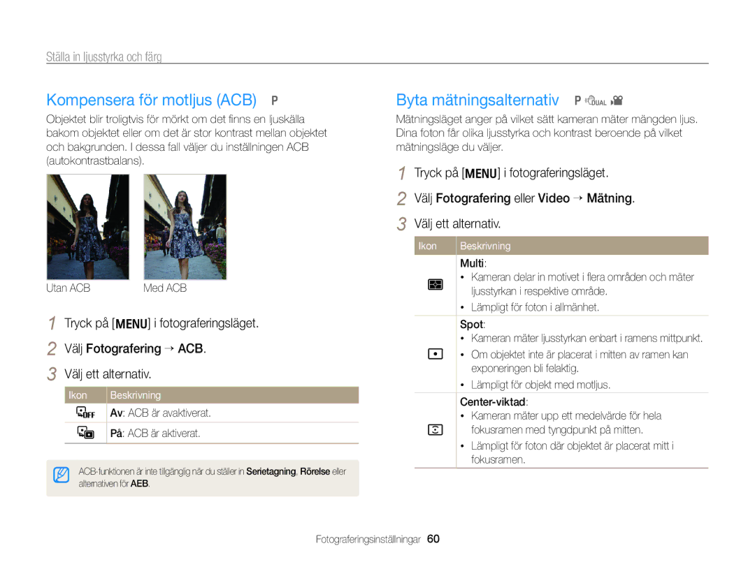 Samsung EC-PL170ZFPLE2 manual Kompensera för motljus ACB p, Byta mätningsalternativ p d, Ställa in ljusstyrka och färg 