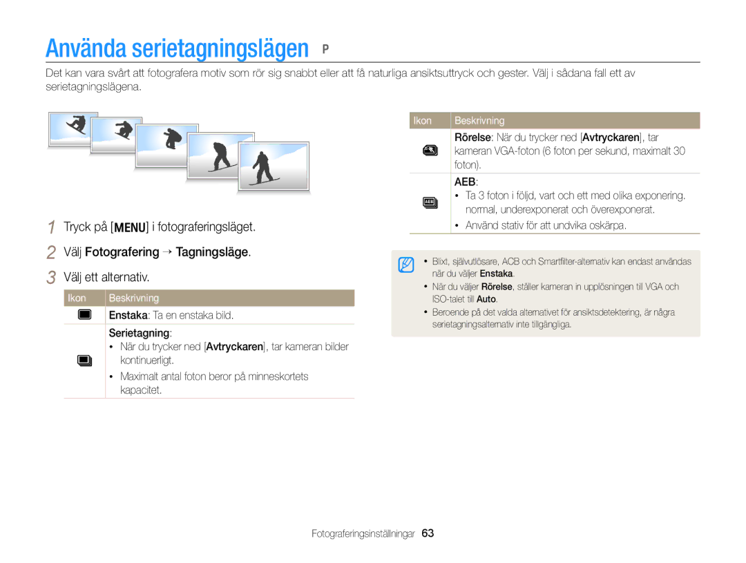 Samsung EC-PL170ZBPSE2, EC-PL170ZBPBE2 Använda serietagningslägen p, Rörelse När du trycker ned Avtryckaren, tar, Foton 