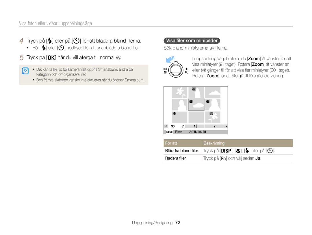 Samsung EC-PL170ZFPBE2, EC-PL170ZBPBE2 Tryck på o när du vill återgå till normal vy, Visa ﬁler som minibilder, För att 