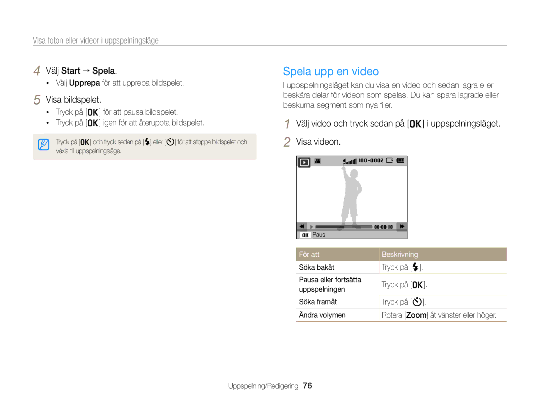 Samsung EC-PL170ZFPSE2, EC-PL170ZBPBE2, EC-PL170ZFPLE2 manual Spela upp en video, Välj Start “ Spela, Visa bildspelet 