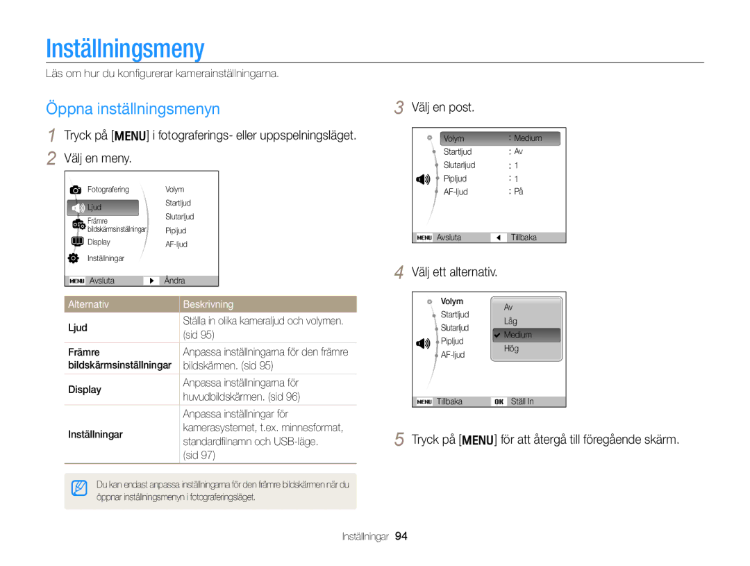 Samsung EC-PL170ZBPBE2, EC-PL170ZFPLE2, EC-PL170ZFPSE2 manual Inställningsmeny, Öppna inställningsmenyn, Välj en post 