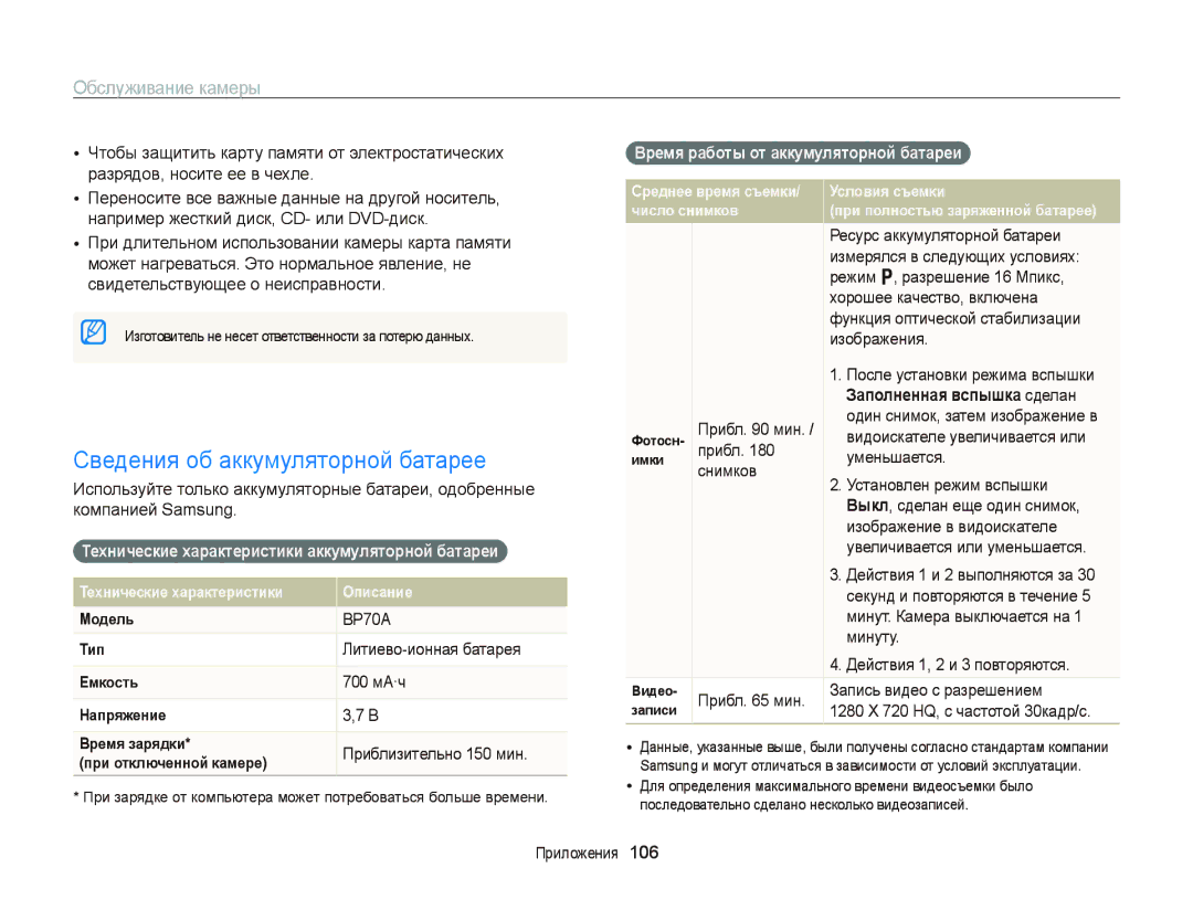 Samsung EC-PL170ZBPBRU manual Сведения об аккумуляторной батарее, Технические характеристики аккумуляторной батареи  