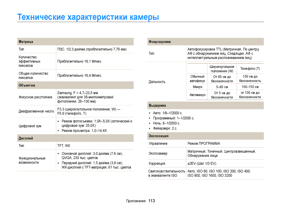 Samsung EC-PL170ZBPBRU, EC-PL170ZBPBE2, EC-PL170ZFPLRU, EC-PL170ZFPBRU, EC-PL170ZBPLRU manual Технические характеристики камеры 