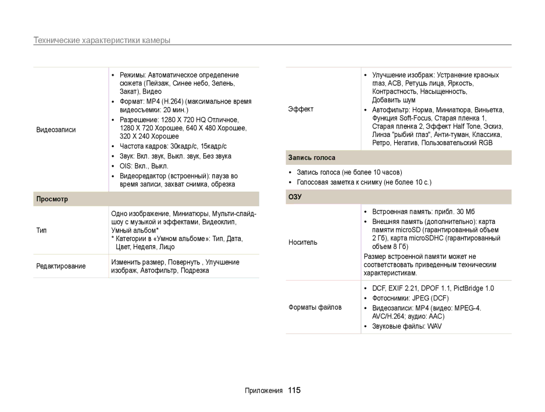 Samsung EC-PL170ZBPLRU, EC-PL170ZBPBE2, EC-PL170ZFPLRU manual Запись голоса, Встроенная память прибл Мб, Носитель, Объем 8 Гб 