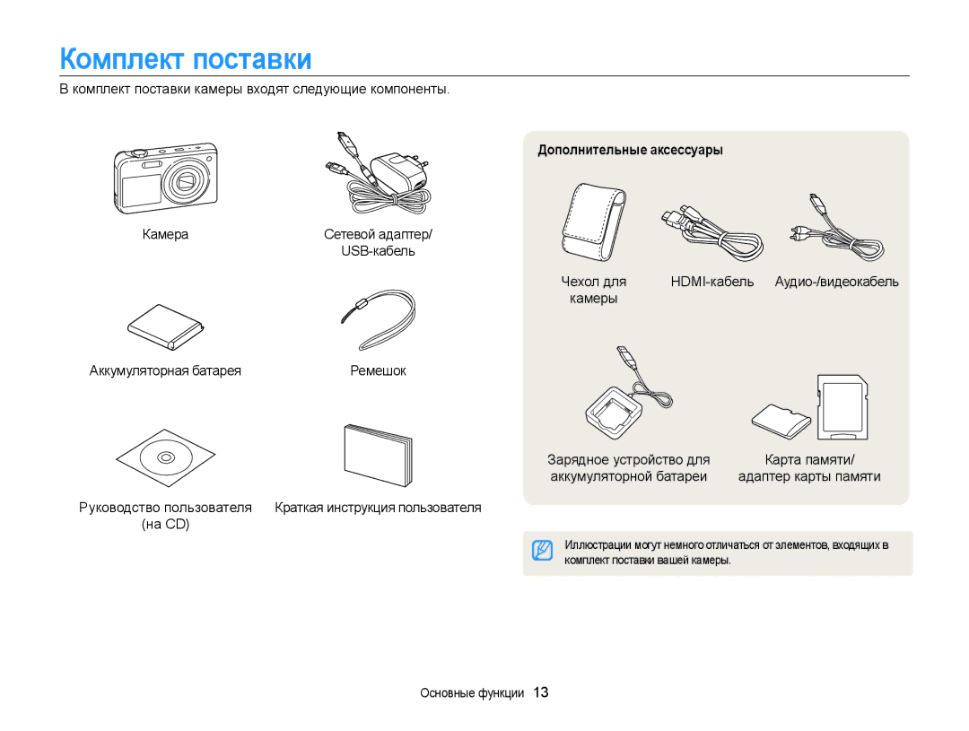 Samsung EC-PL170ZBPBE2 manual Комплект поставки камеры входят следующие компоненты, Дополнительные аксессуары, Камера 