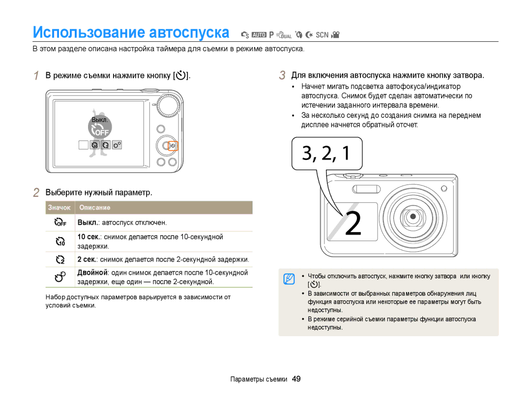 Samsung EC-PL170ZFPLRU, EC-PL170ZBPBE2 manual Использование автоспуска S a p d b N s, Режиме съемки нажмите кнопку t 