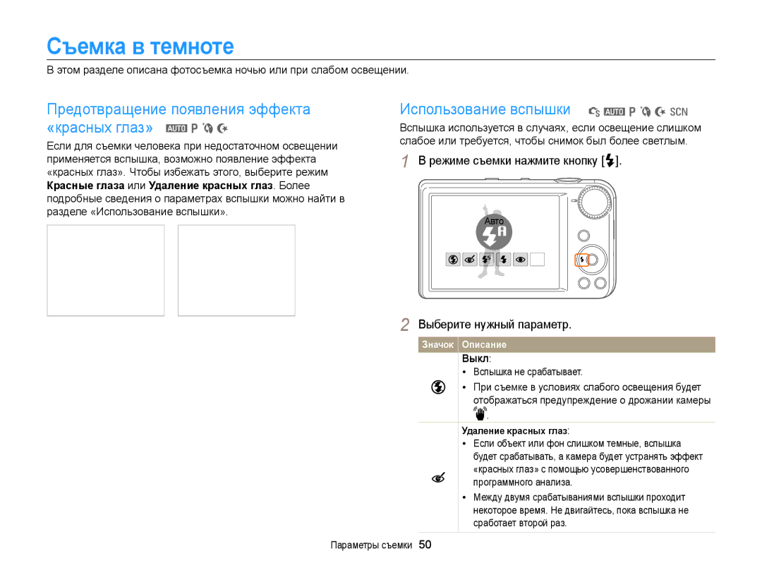 Samsung EC-PL170ZBPBRU, EC-PL170ZBPBE2 Съемка в темноте, Предотвращение появления эффекта «красных глаз» a p b N, Выкл 