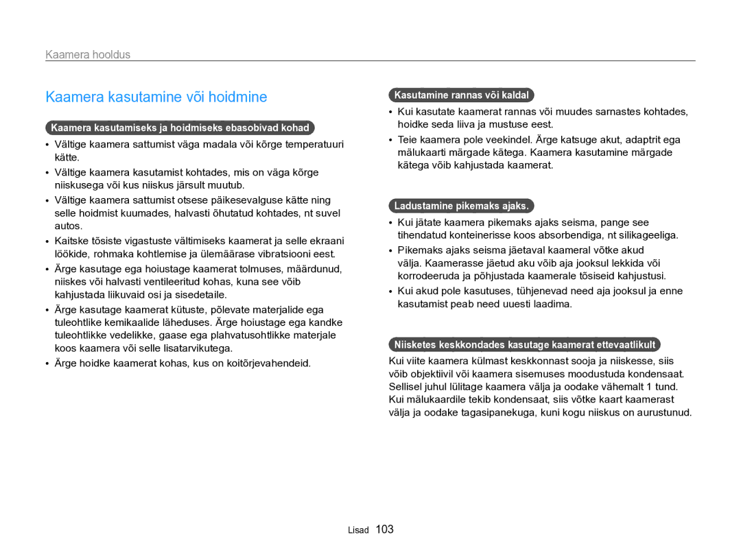 Samsung EC-PL170ZBPBE2 manual Kaamera kasutamine või hoidmine, Kaamera hooldus 