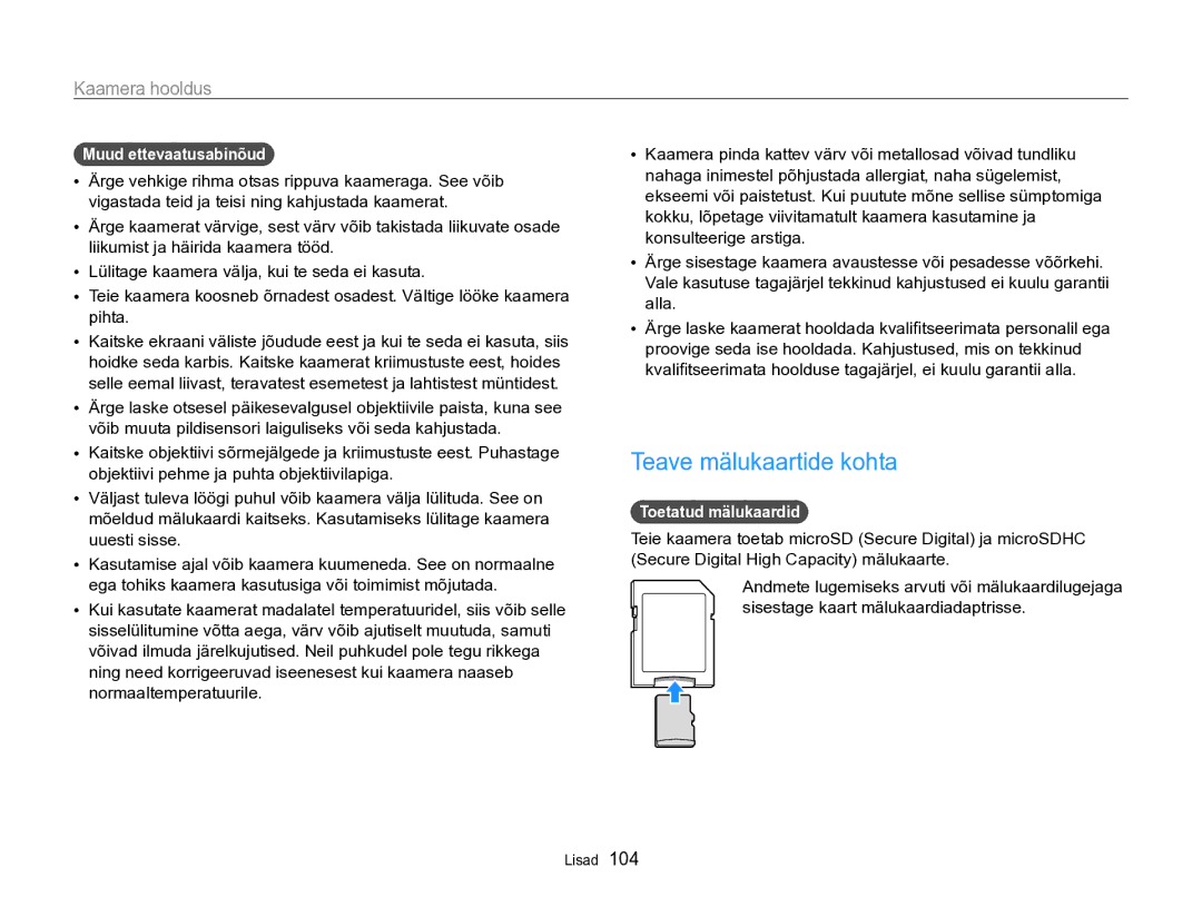 Samsung EC-PL170ZBPBE2 manual Teave mälukaartide kohta, Muud ettevaatusabinõud, Toetatud mälukaardid 