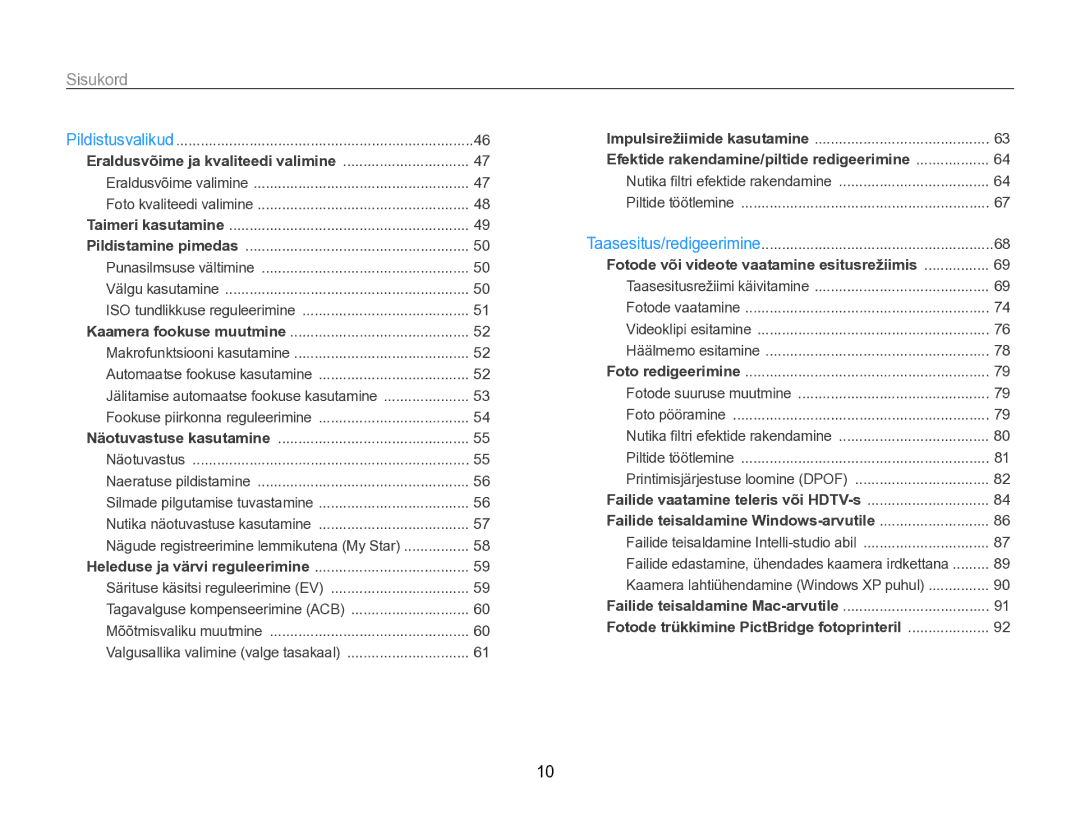 Samsung EC-PL170ZBPBE2 manual Sisukord, Eraldusvõime ja kvaliteedi valimine 