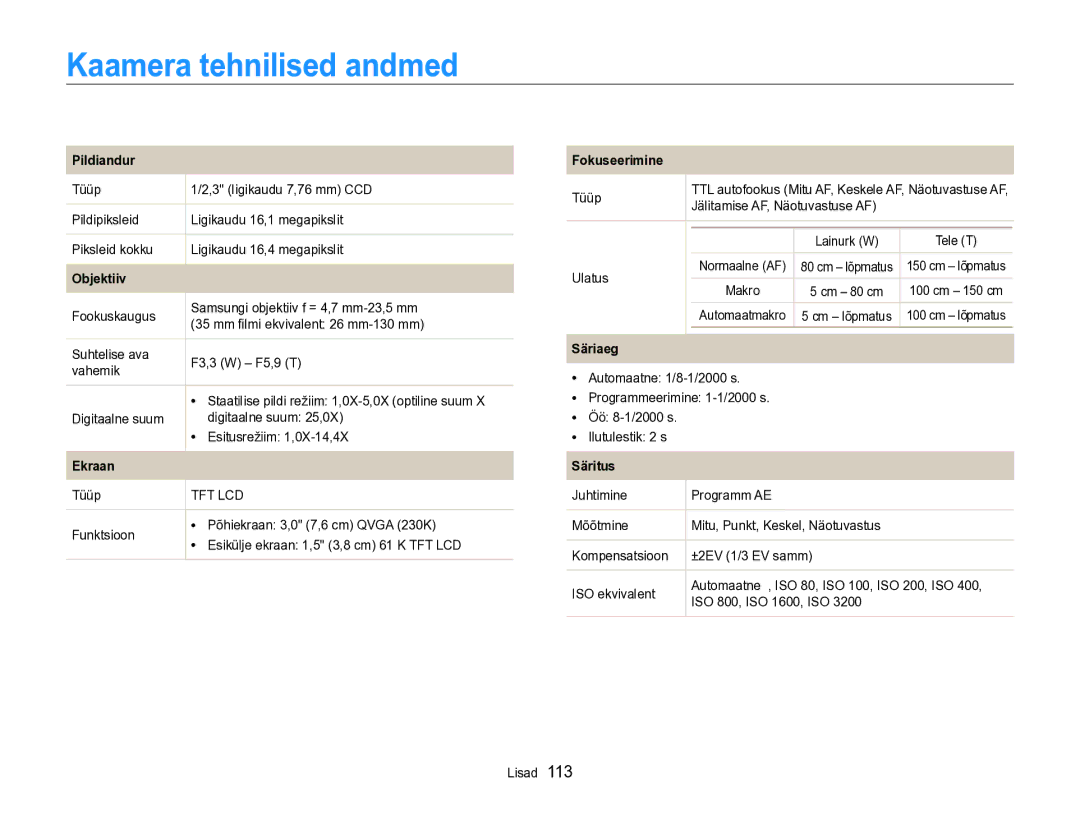 Samsung EC-PL170ZBPBE2 manual Kaamera tehnilised andmed 