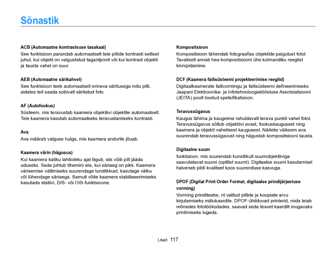 Samsung EC-PL170ZBPBE2 manual Sõnastik 