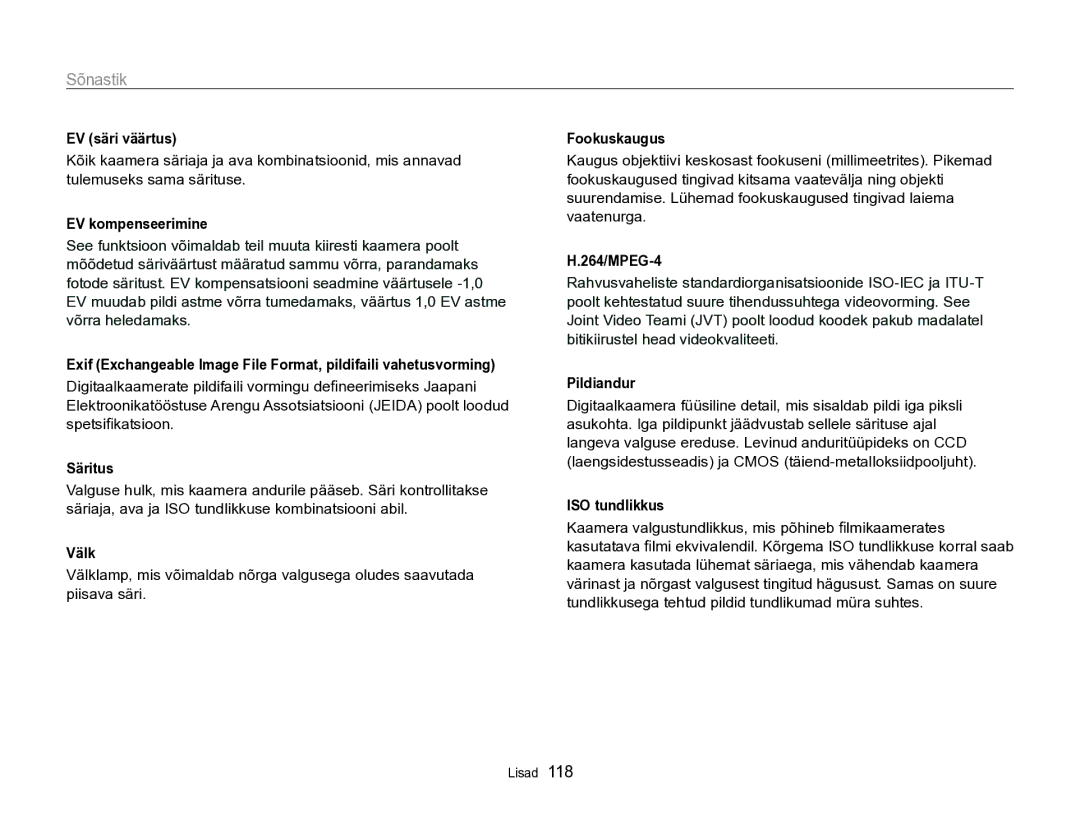 Samsung EC-PL170ZBPBE2 manual Sõnastik 