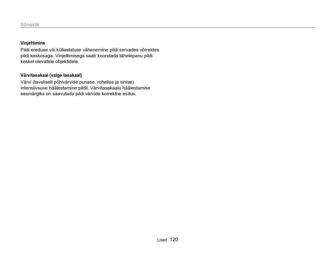 Samsung EC-PL170ZBPBE2 manual Vinjettimine, Värvitasakaal valge tasakaal 