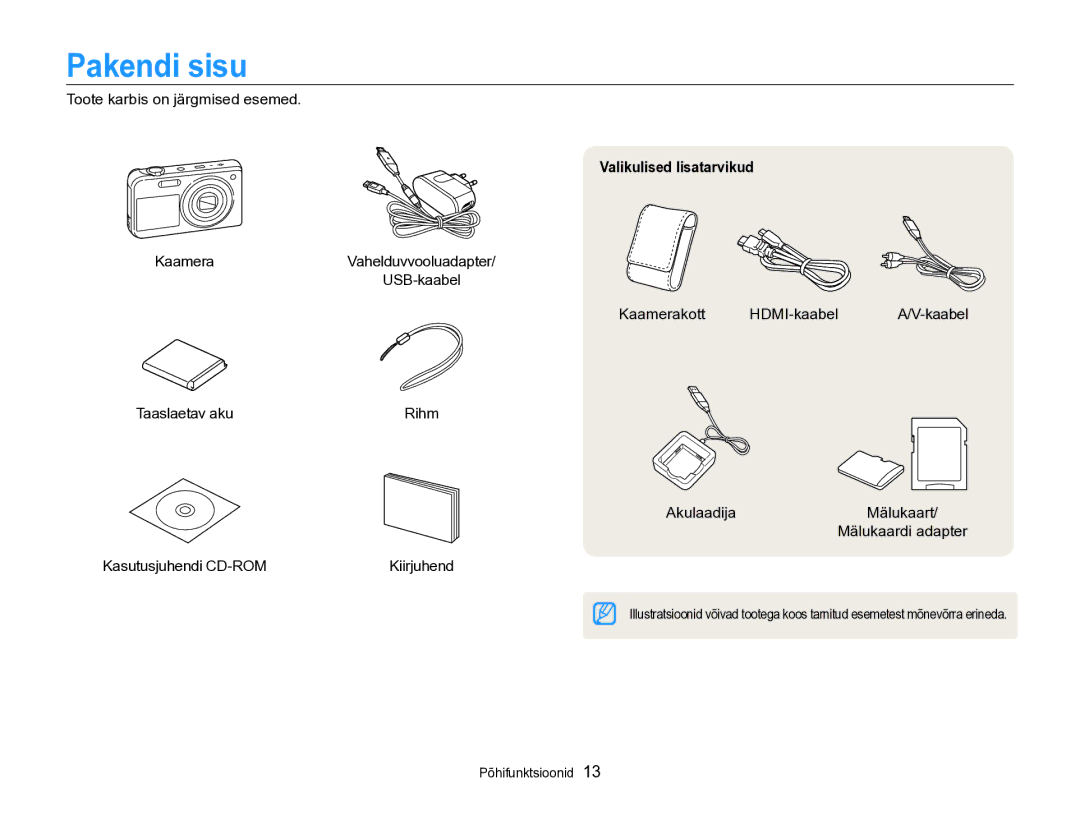 Samsung EC-PL170ZBPBE2 manual Pakendi sisu, Toote karbis on järgmised esemed, Valikulised lisatarvikud 