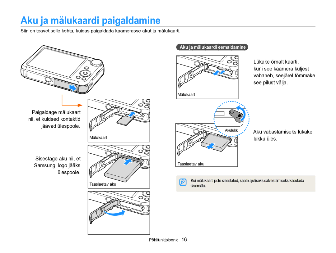 Samsung EC-PL170ZBPBE2 Aku ja mälukaardi paigaldamine, Sisestage aku nii, et Samsungi logo jääks ülespoole, Lukku üles 