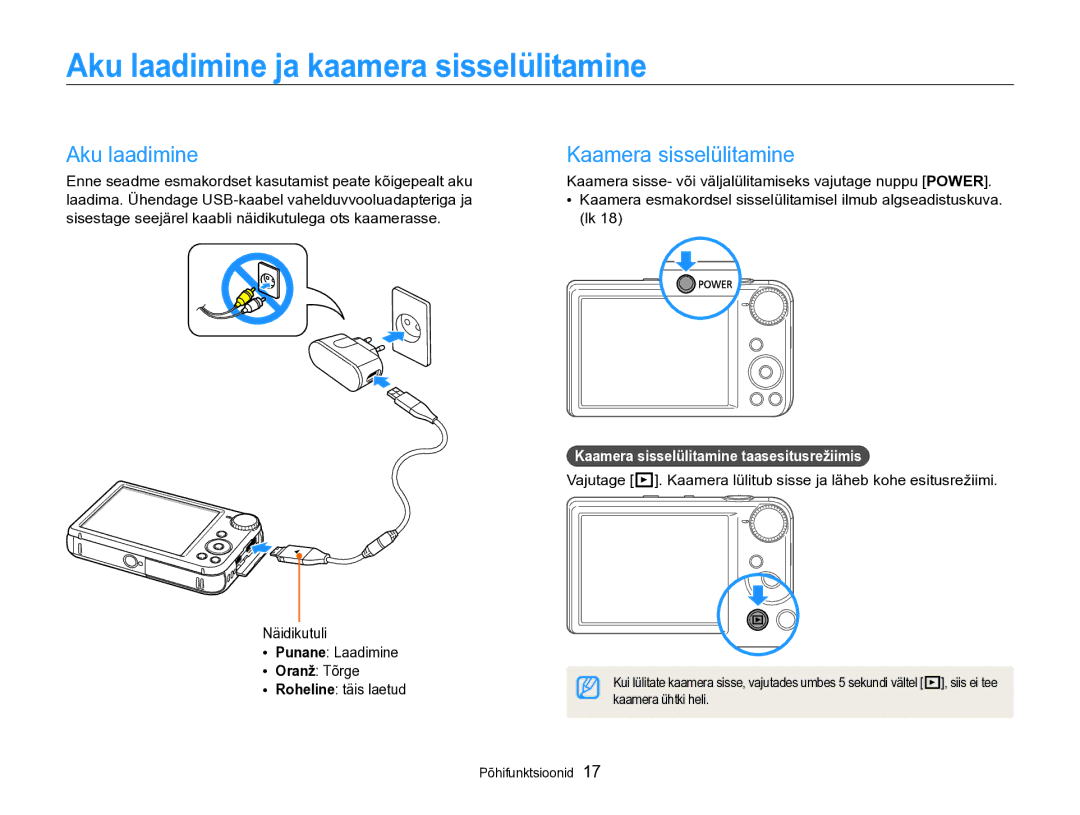 Samsung EC-PL170ZBPBE2 manual Aku laadimine ja kaamera sisselülitamine, Kaamera sisselülitamine 